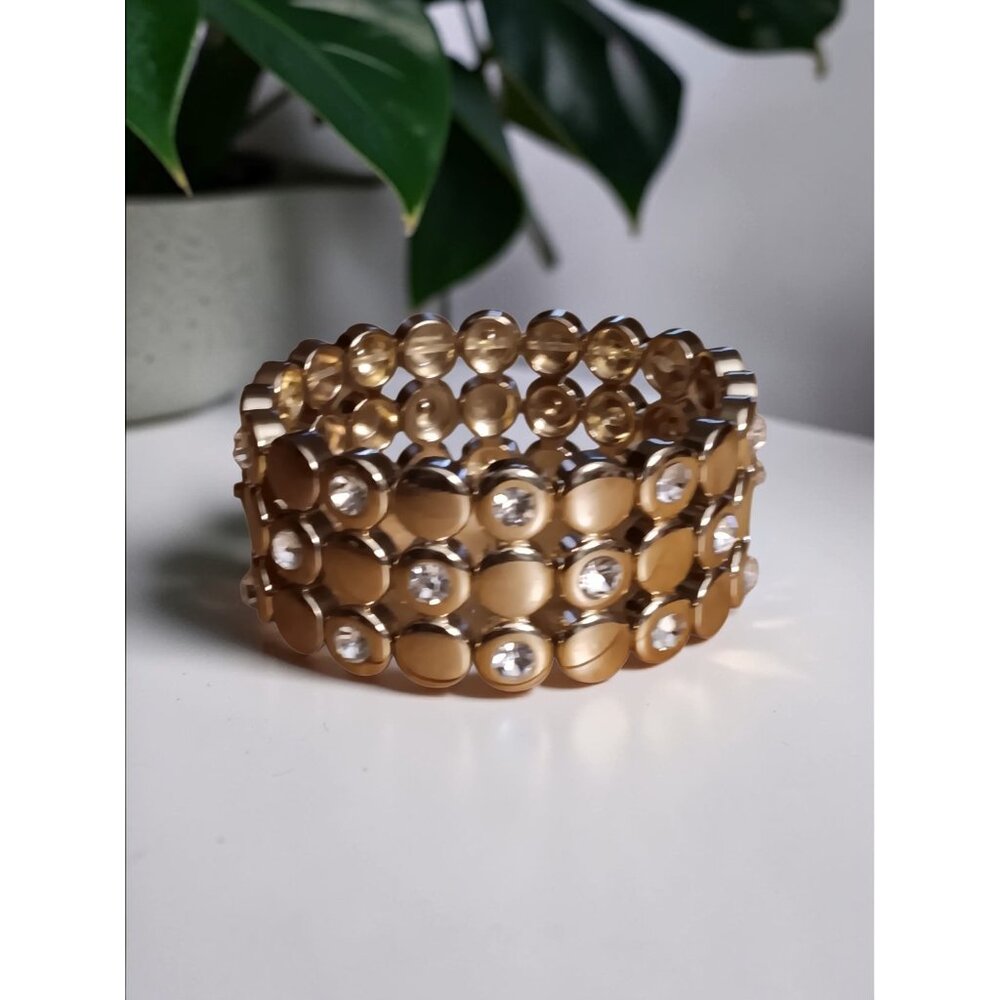 Gold tone Stretch Bracelet 3 Rows of oval Links Rhinestone Embellished Dressy